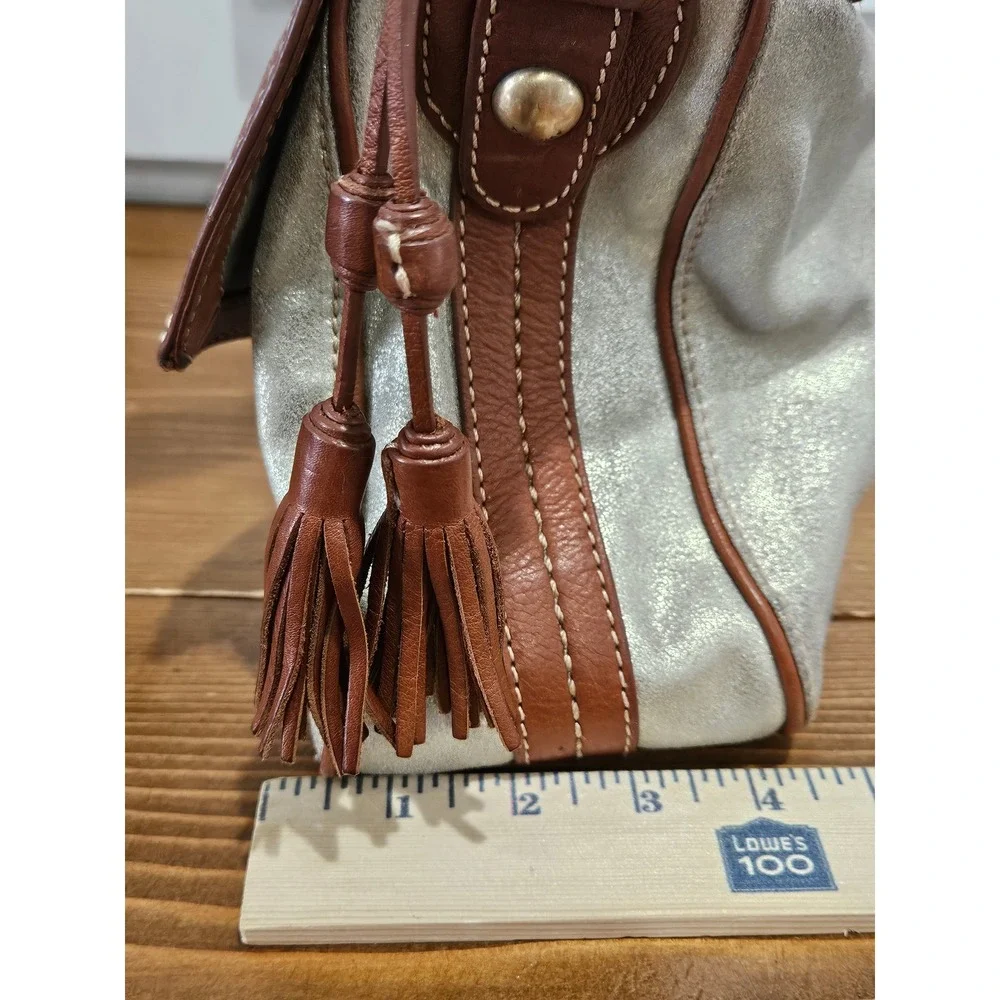 VTG Y2K Boho Chic Hobo SAK Metallic Gold Brown Leather Shoulder Bag Tassel